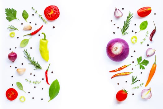 Various fresh vegetables and herbs on white background. Copy space