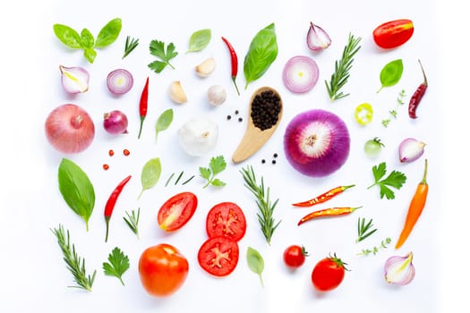 Various fresh vegetables and herbs on white background. Healthy eating concept