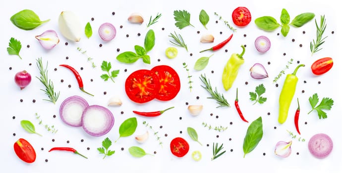 Various fresh vegetables and herbs on white. Healthy eating concept, Copy space
