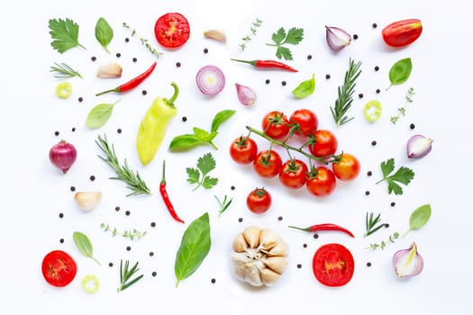 Various fresh vegetables and herbs on white background. Healthy eating concept