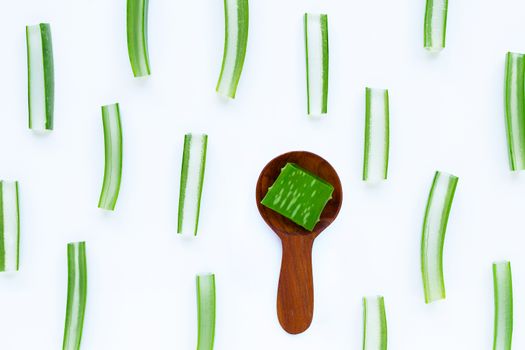 Aloe Vera cut pieces on white background. Copy space