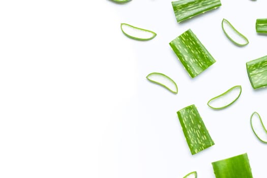 Aloe vera is a popular medicinal plant for health and beauty, white background. Copy space