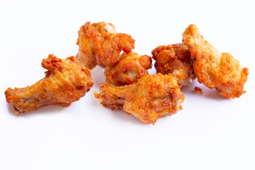 Fried chicken on white background. Copy space