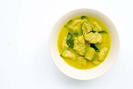 Thai food, Green Curry with fish ball on white background. Copy space