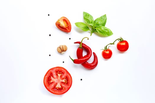 Various fresh vegetables and herbs on white background. Food and cooking ingredients, Healthy eating concept