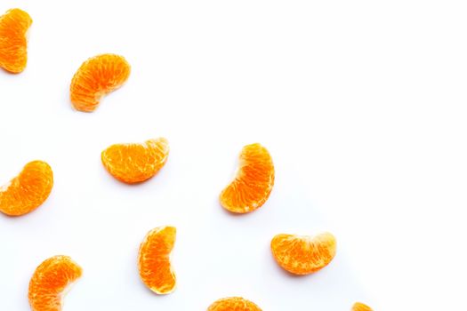 Mandarin segments, Fresh orange isolated on white background.  Copy space