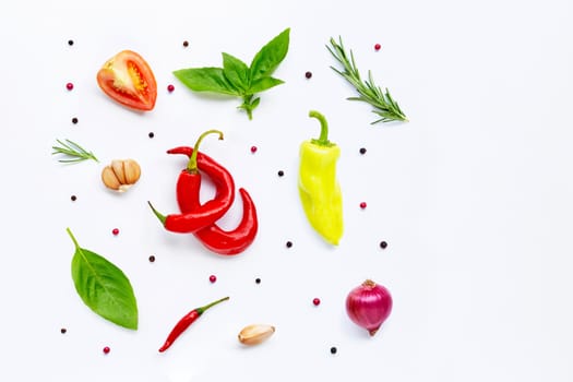 Various fresh vegetables and herbs on white background. Food and cooking ingredients, Healthy eating concept