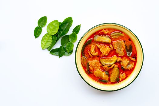 Red curry round eggplant with pork, white background. Copy space