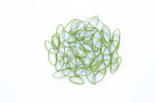 Aloe vera slices on a white background. Top view