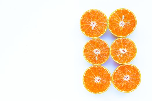Fresh orange citrus fruit isolated on white background. Copy space