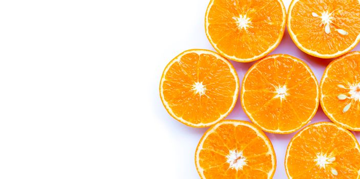 Top view of  orange fruit on white background. Copy space