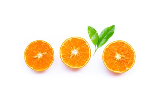 Top view of  orange fruit on white background. Copy space