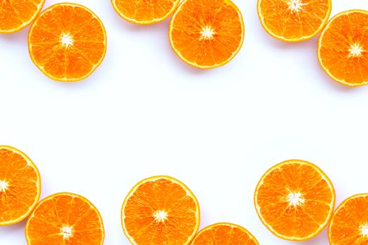High vitamin C,  Frame made of Juicy orange fruit on white background. Copy space