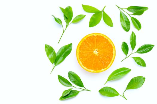 High vitamin C, Juicy orange fruit with leaves on white background. Copy space