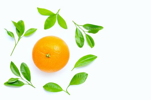 High vitamin C, Juicy orange fruit with leaves on white background. Copy space