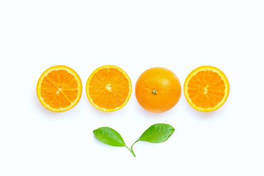 High vitamin C, Juicy orange fruit with leaves on white background. Copy space