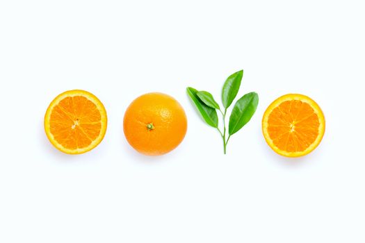 High vitamin C, Juicy orange fruit with leaves on white background. Copy space