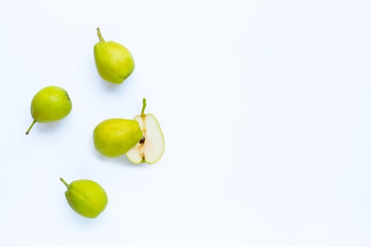 Ripe pears isolated on white background. Copy space