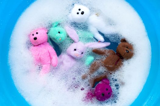 Soak rabbit dolls with  bear toys in laundry detergent water dissolution before washing.  Laundry concept, Top view