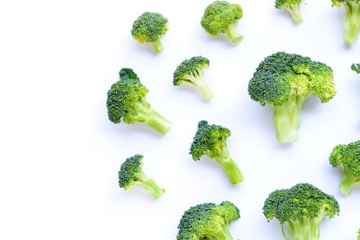 Fresh green broccoli on white background. Copy space