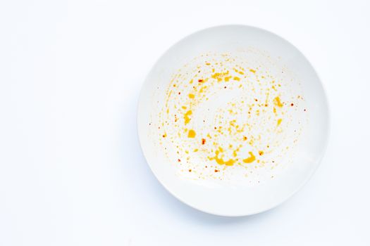 Dirty dish on white background. Top view