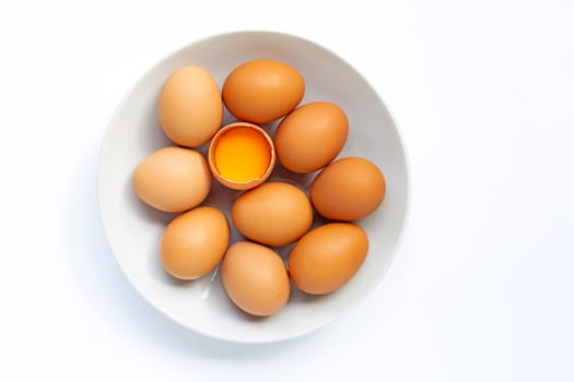 Fresh eggs on white background. Copy space