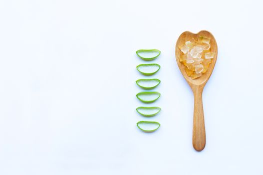 Aloe vera fresh leaves slices with aloe vera gel on white background. copy space