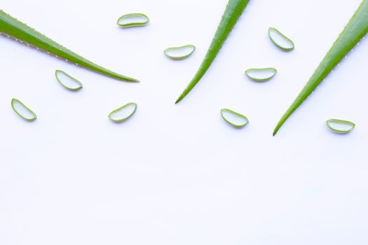 Aloe vera and slices on white background. Copy space
