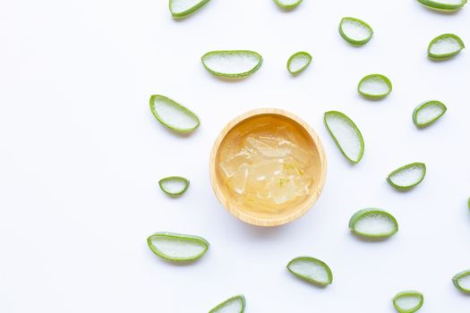 Aloe vera slices on white background.