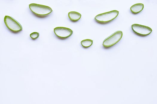 Aloe vera slices on white background. Copy space