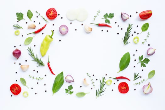 Various fresh vegetables and herbs on white background. Healthy eating concept