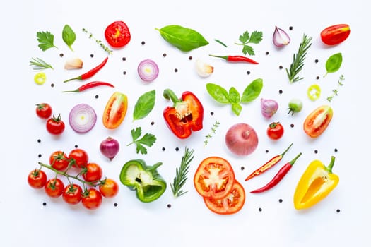 Various fresh vegetables and herbs on white background. Healthy eating concept