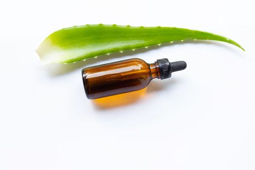 Aloe vera leaves with essential oil on white background.