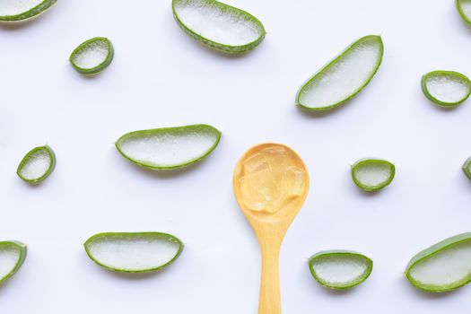 Aloe vera slices and gel on white background.