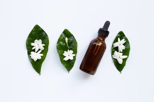 Bottle of essential oil with jasmine flower and leaves on white background.