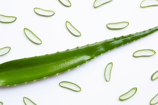 Aloe vera fresh leaf with slices on white. Aloe vera is a popular medicinal plant that is used for health and beauty.