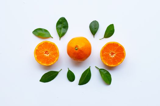 Orange fruits with leaves on white background. Top view
