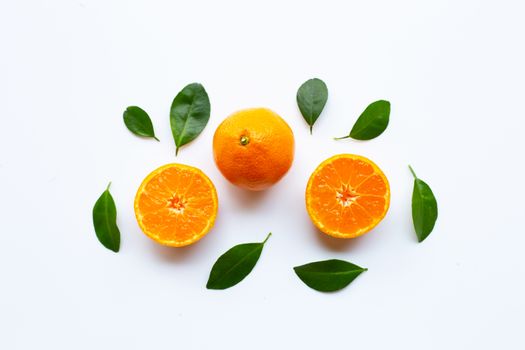 Orange fruits with leaves on white background. Top view