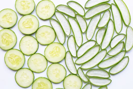 Good skin care and healthy with natural ingredients aloe vera and cucumbers isolated on white background.