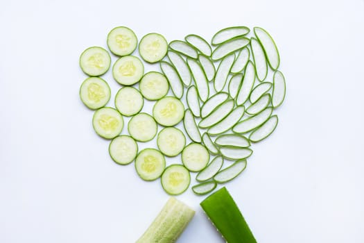 Good skin care and healthy with natural ingredients aloe vera and cucumbers isolated on white background.
