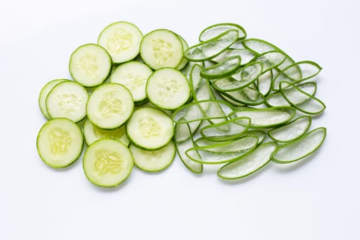 Good skin care and healthy with natural ingredients aloe vera and cucumbers isolated on white background.