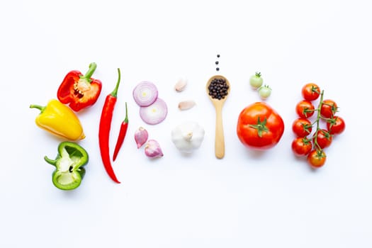 Various fresh vegetables and herbs on white background. Healthy eating concept