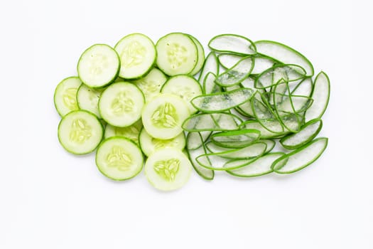 Good skin care and healthy with natural ingredients aloe vera and cucumbers isolated on white background.