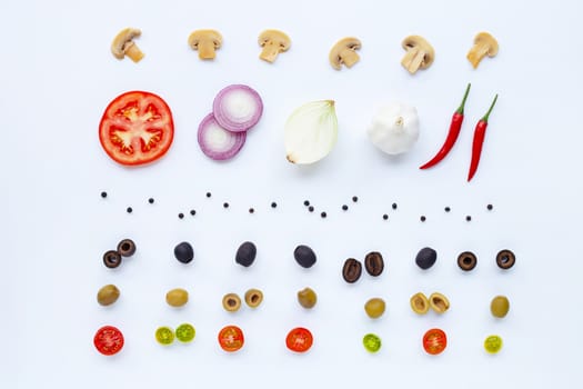 Various fresh vegetables and herbs on white background. Healthy eating concept