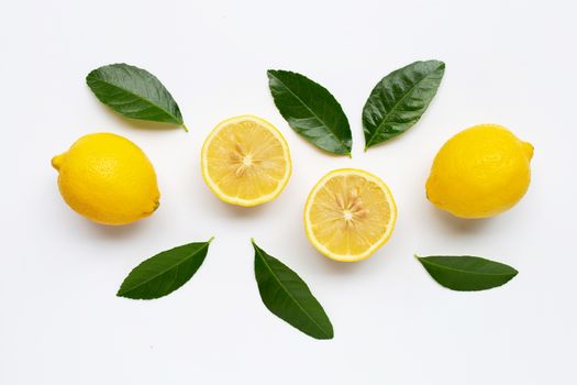 lemon and slices with leaves isolated on white background.