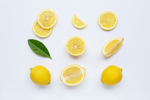 lemon and slices with leaves isolated on white background.