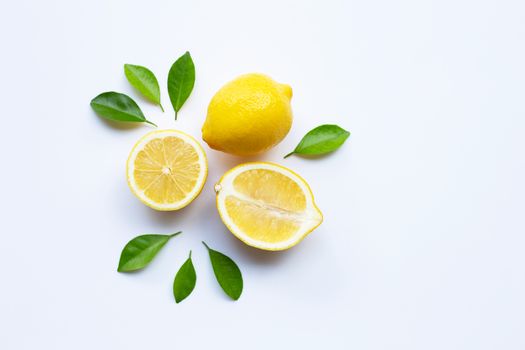 lemon and slices with leaves isolated on white background.