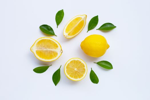 lemon and slices with leaves isolated on white background.