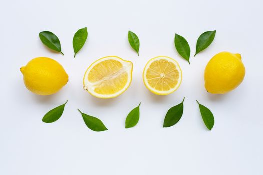 lemon and slices with leaves isolated on white background.