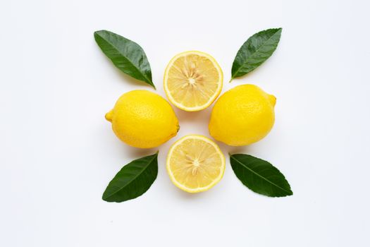 lemon and slices with leaves isolated on white background.